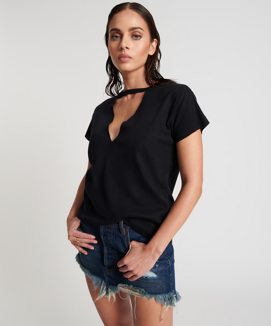 One Teaspoon Black Deep V Cut Out Tee - Black stone