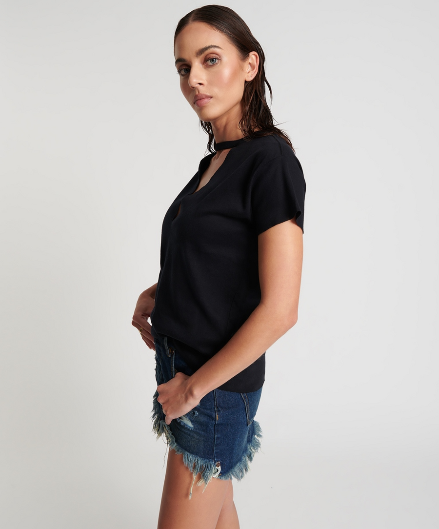 One Teaspoon Black Deep V Cut Out Tee - Black stone