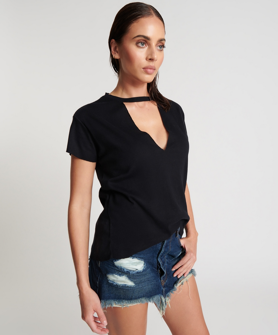 One Teaspoon Black Deep V Cut Out Tee - Black stone