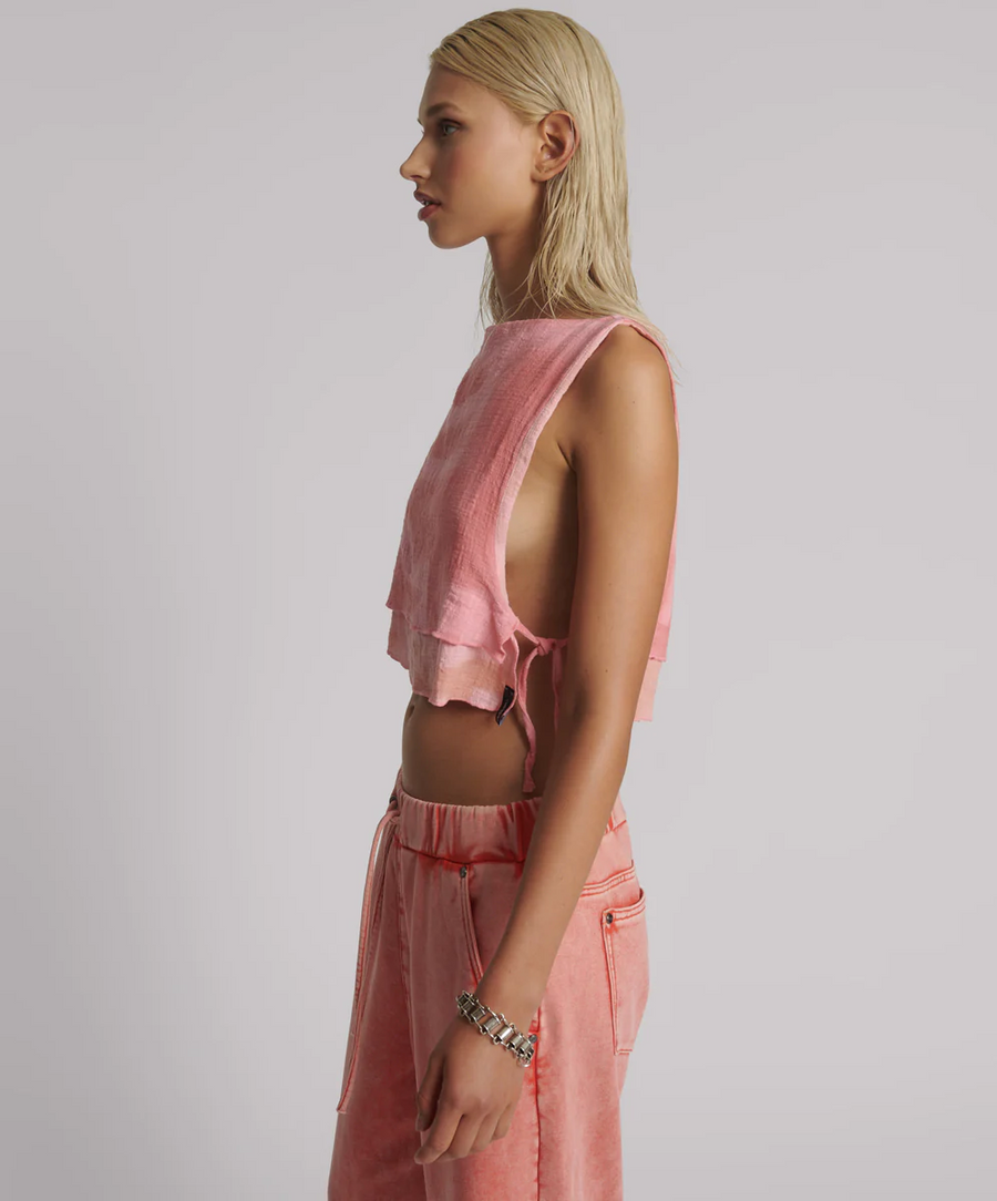 One Teaspoon Moai Hand Painted Muslin Double Layer Top- Pink