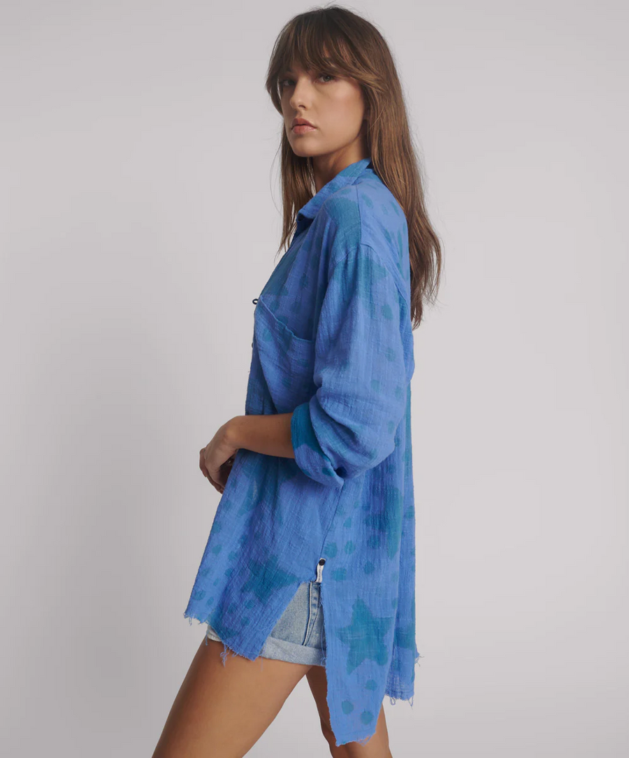 One Teaspoon Polka Star Hand Print Muslin LongLine Shirt - Blue