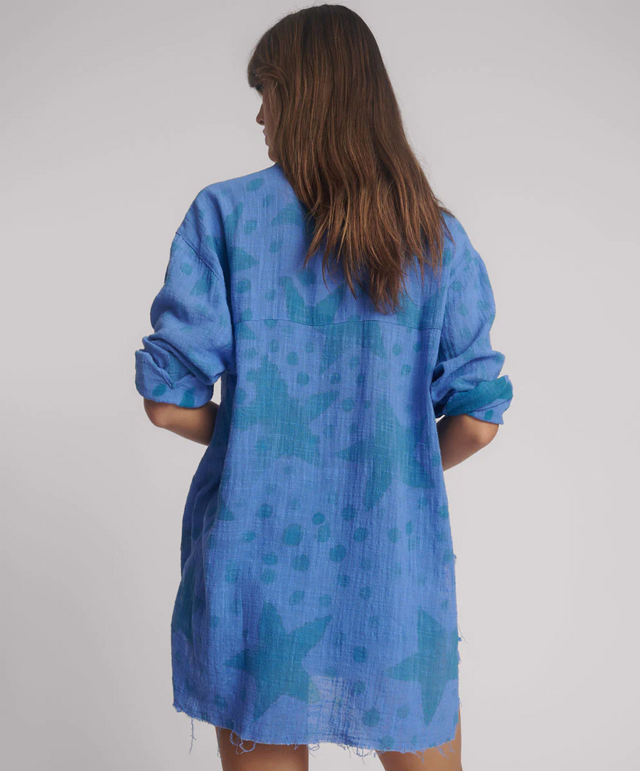 One Teaspoon Polka Star Hand Print Muslin LongLine Shirt - Blue
