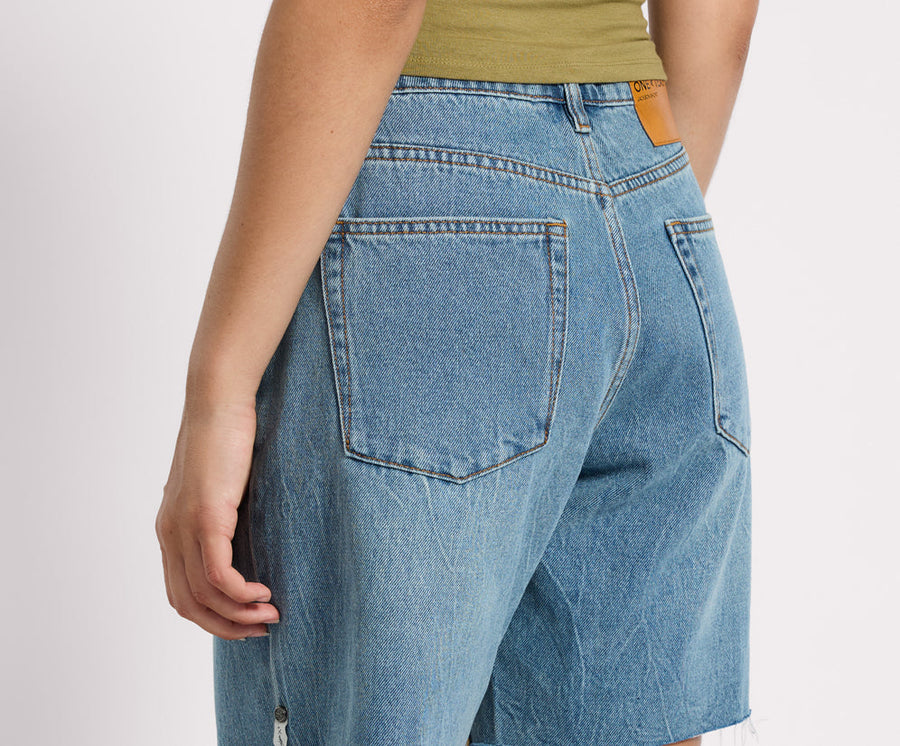 One Teaspoon Jacksons Wide Leg Denim Shorts - Blue Crush