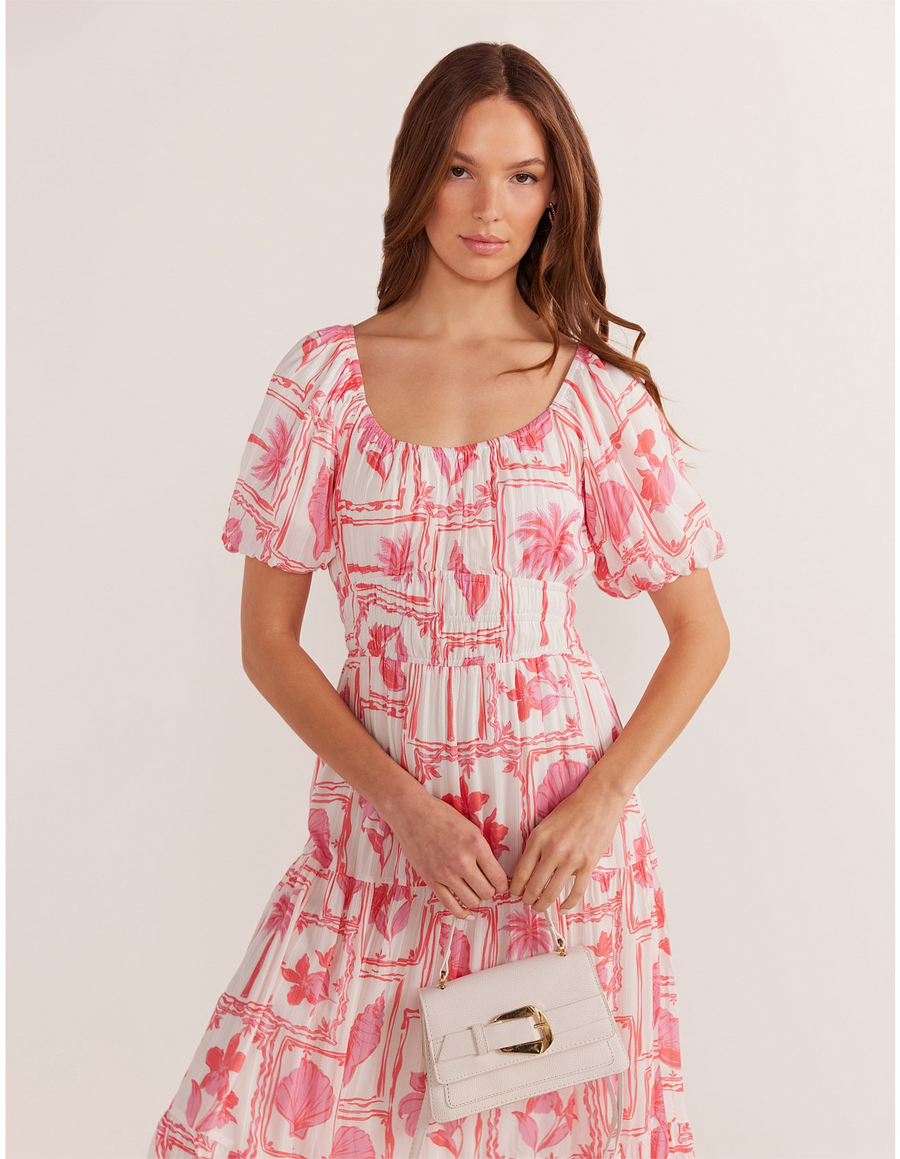 Minkpink Bria Puff  Sleeve   Midi Dress - Summer Postcardcard