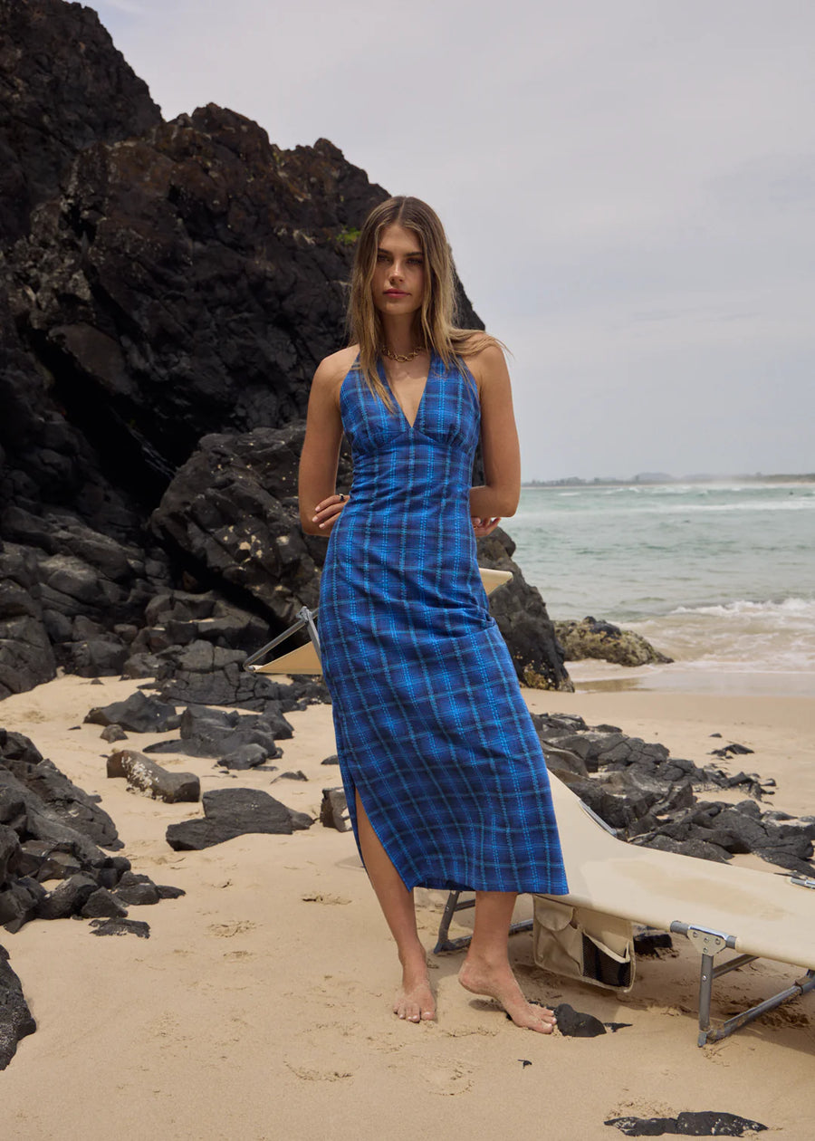 Afends Camden Seersucker  Maxi Dress  - Marina Check