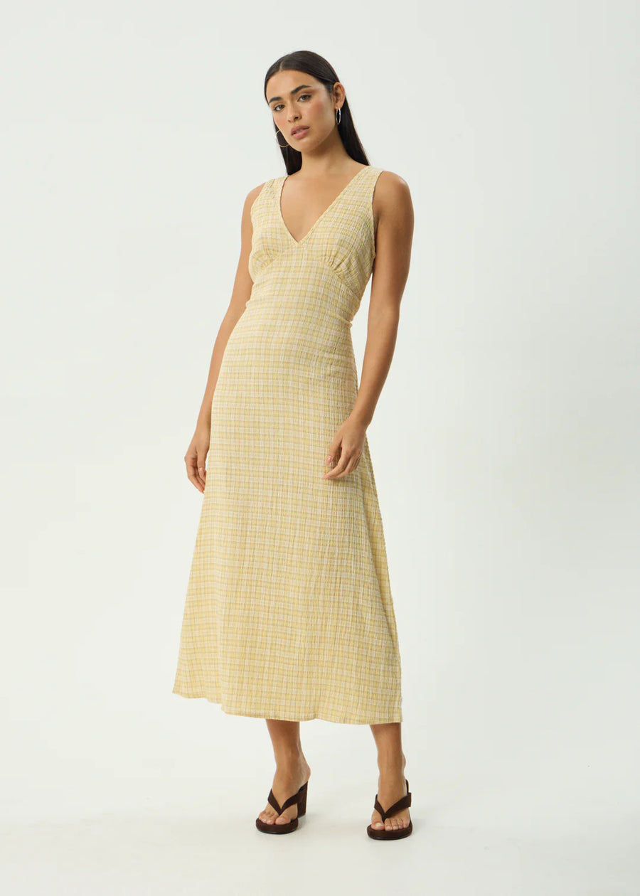 Afends  Sunday Seersucker Check Maxi Dress -  Lemon