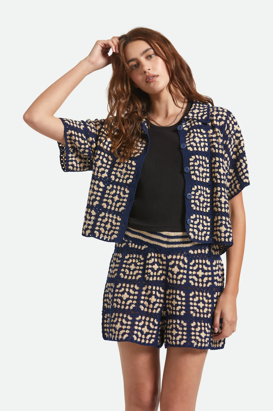 Brixton Crochet S/s Button Down  - Mood Indigo/ Off White