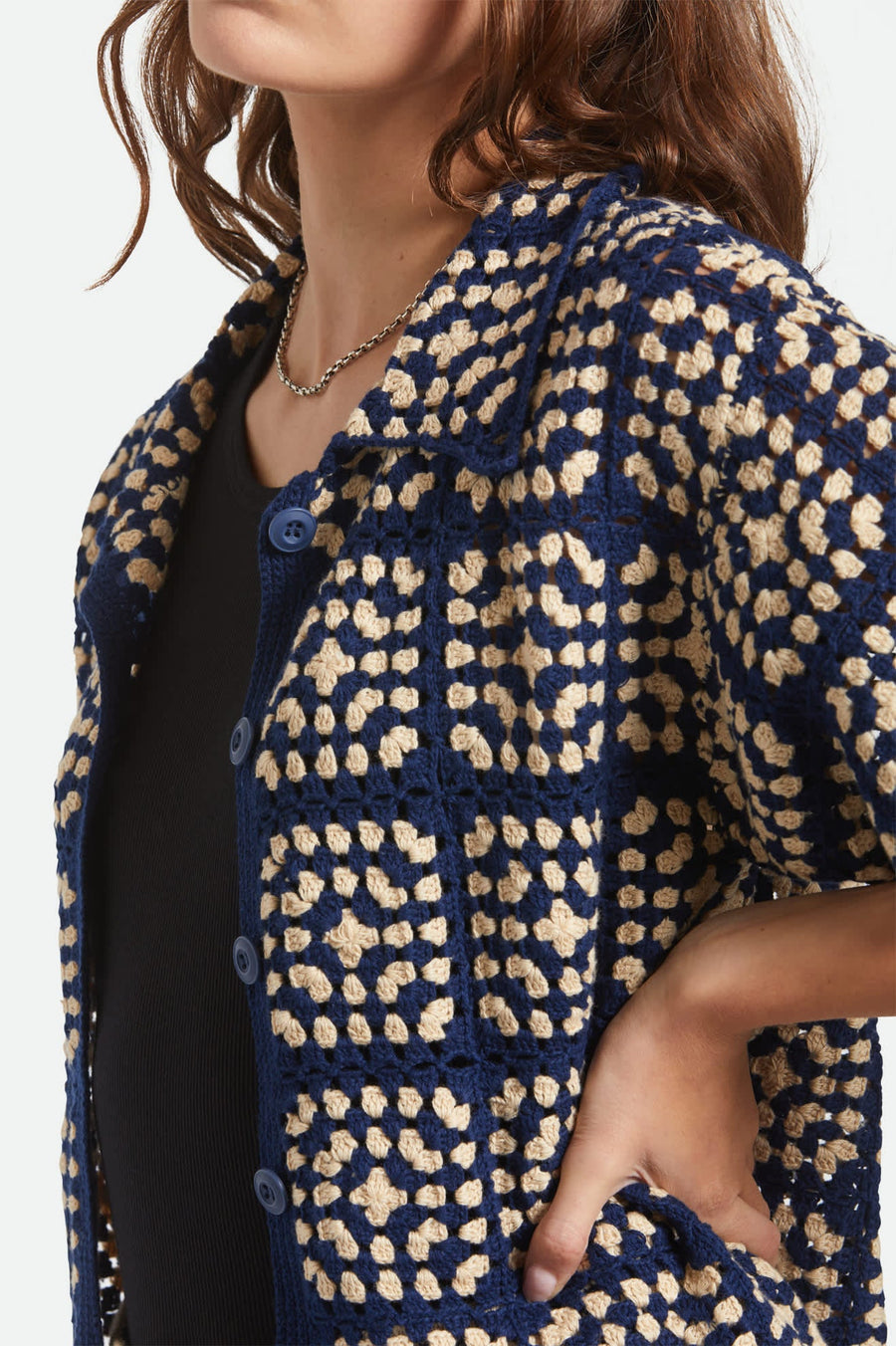 Brixton Crochet S/s Button Down  - Mood Indigo/ Off White