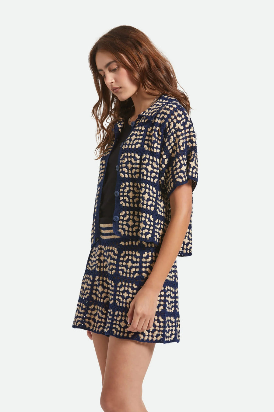 Brixton Crochet S/s Button Down  - Mood Indigo/ Off White