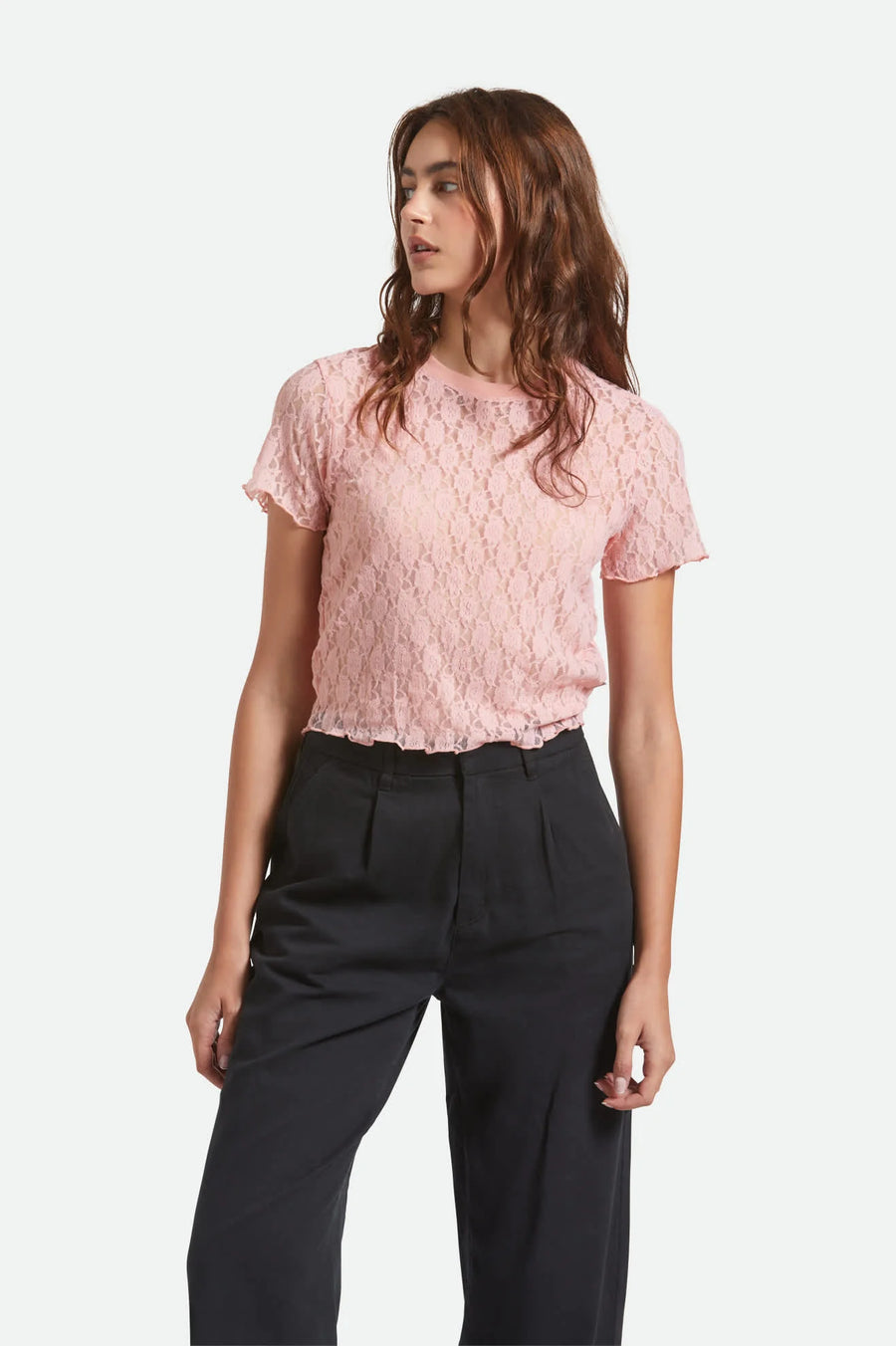 Brixton Sheer Slim Lace  S/S Top - Mellow Rose