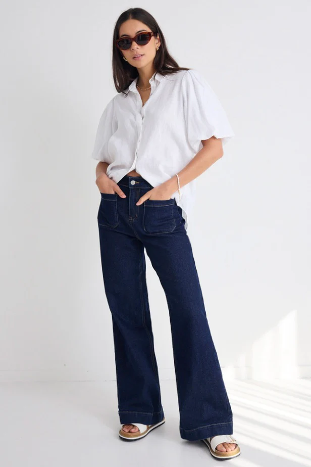 Among The Brave Zoey Indigo   Hight Rise Wide Leg Pkt Jean - Indigo