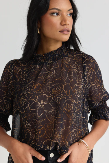 Flo & Frankie  Influential Black Chocolate Rose Sketch Neck SS Top  -  Chocolate Rose Sketch