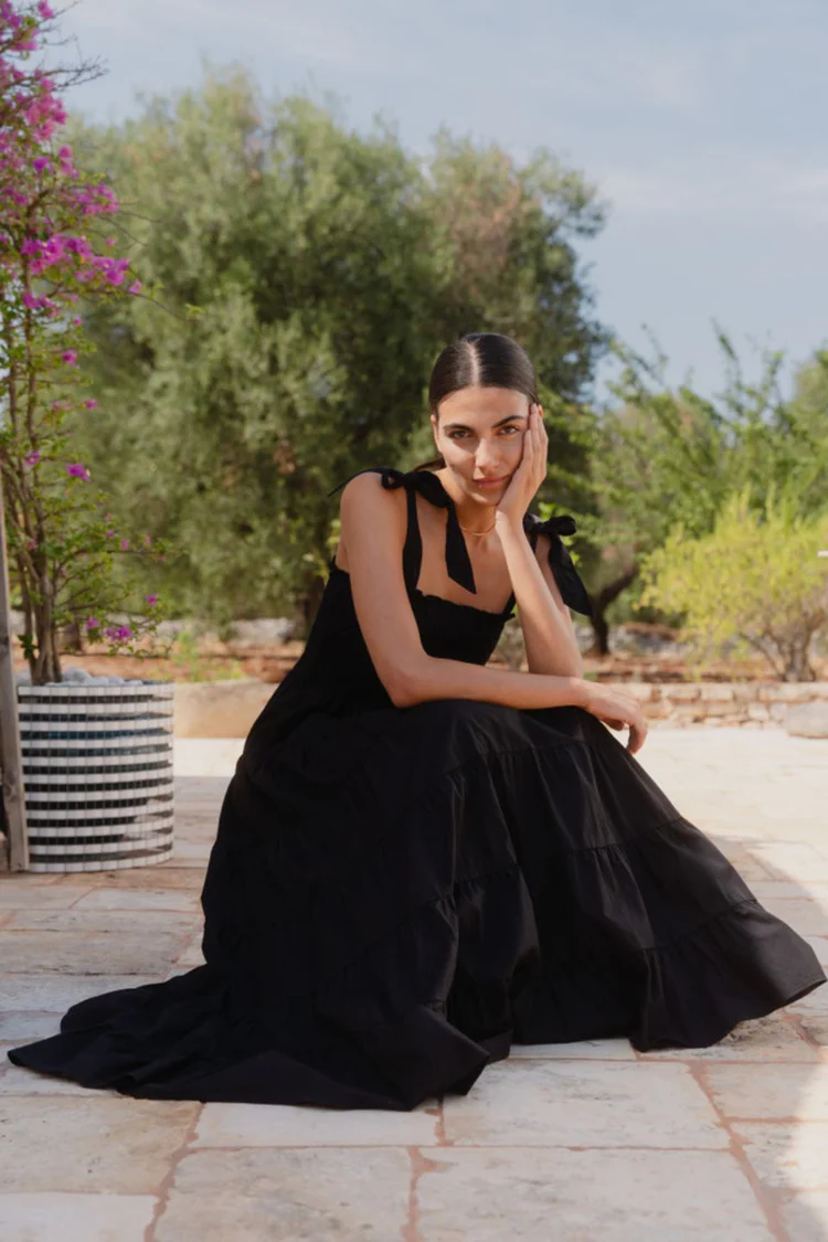 Flo & Frankie Isabella Black Cotton Poplin Strappy Tiered Maxi Dress -Black