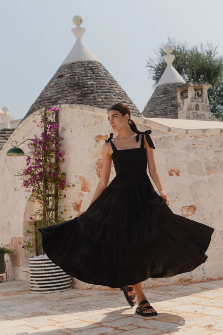 Flo & Frankie Isabella Black Cotton Poplin Strappy Tiered Maxi Dress -Black