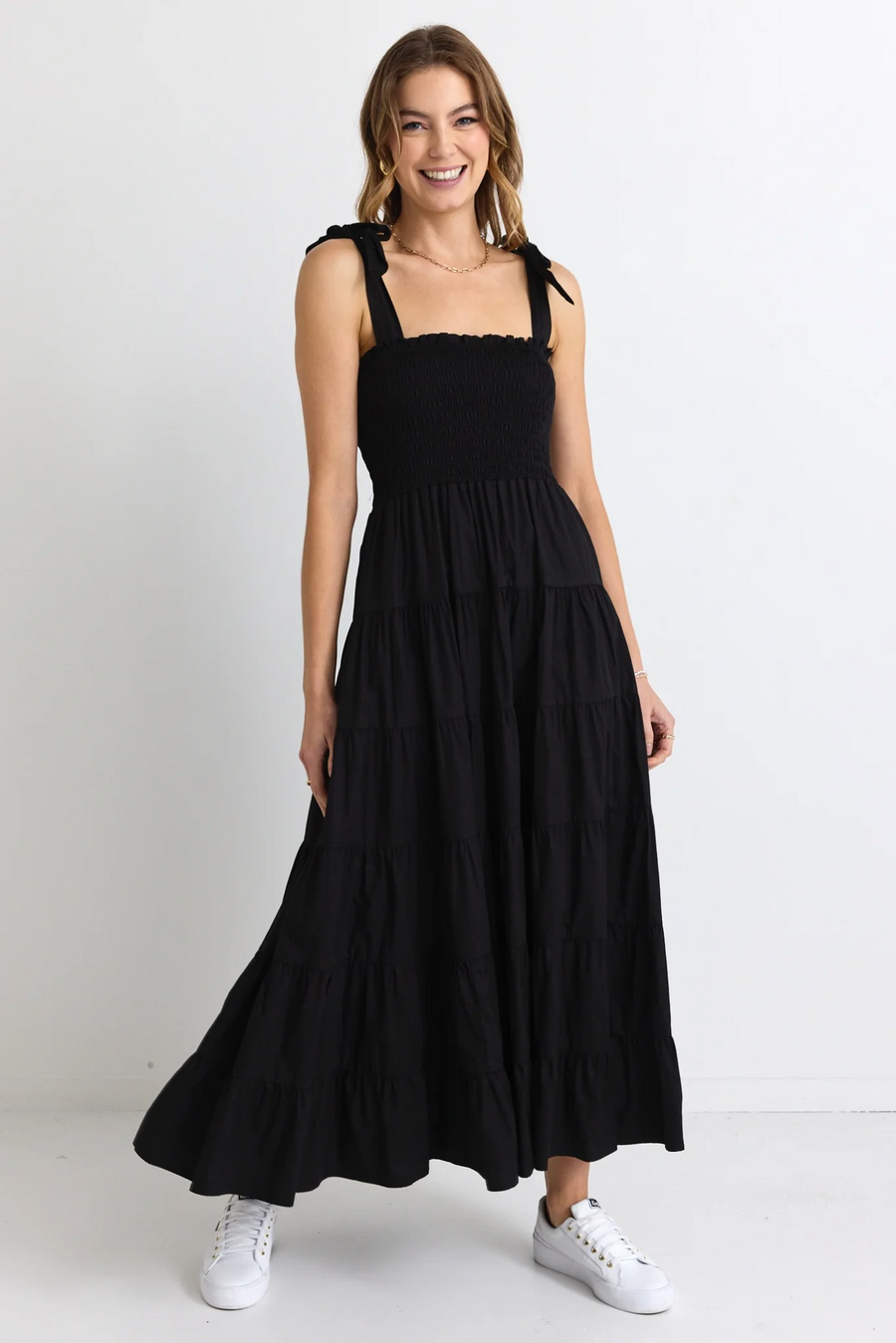 Flo & Frankie Isabella Black Cotton Poplin Strappy Tiered Maxi Dress -Black