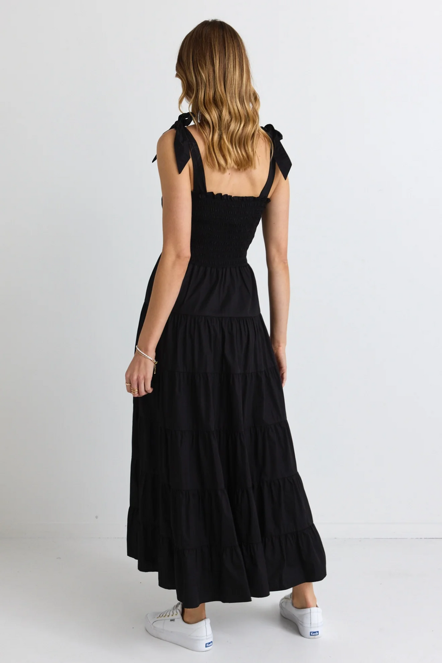 Flo & Frankie Isabella Black Cotton Poplin Strappy Tiered Maxi Dress -Black