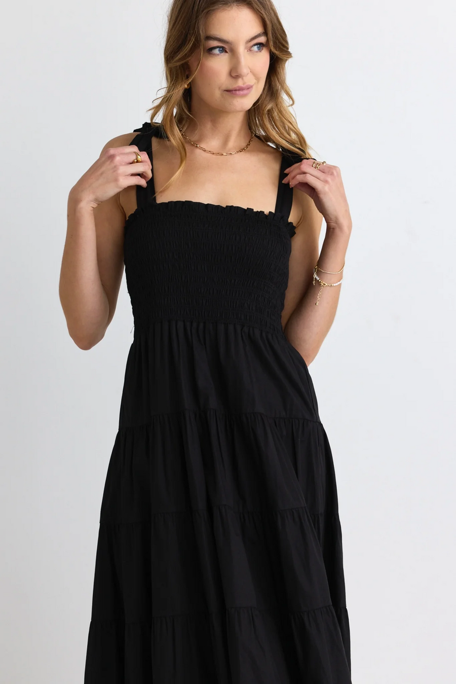 Flo & Frankie Isabella Black Cotton Poplin Strappy Tiered Maxi Dress -Black