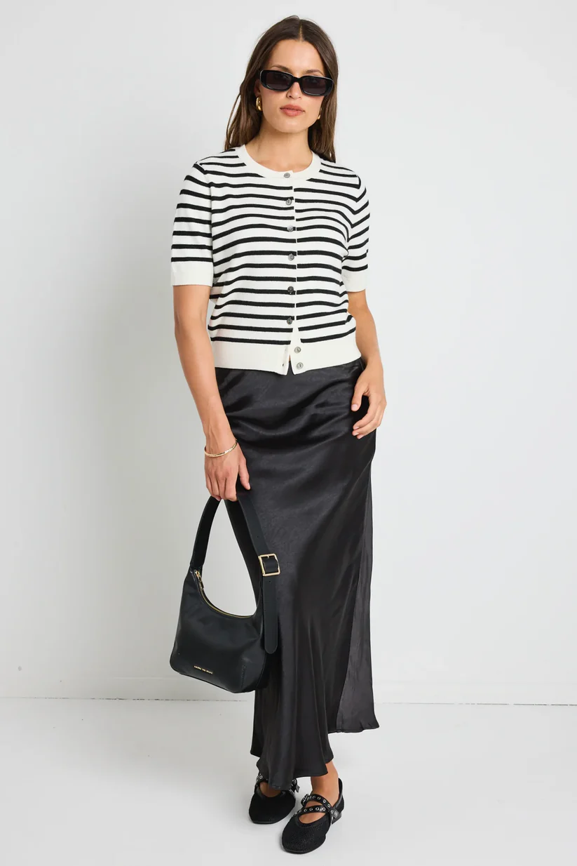 Ivy Jack Rosette Black  Satin Bias Midi Skirt - Black