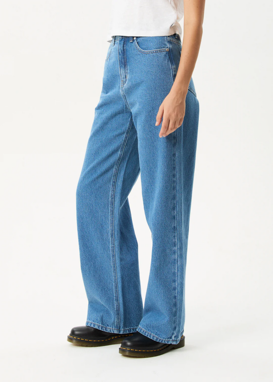 Afends Bella Denim Wide Leg Baggy Jeans - Worn Blue