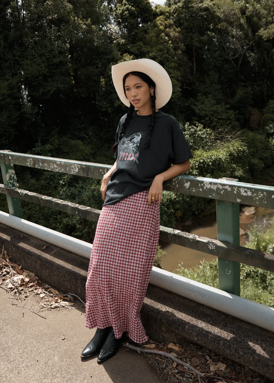 Afends Base Hemp Seersucker Maxi Skirt - Burgundy