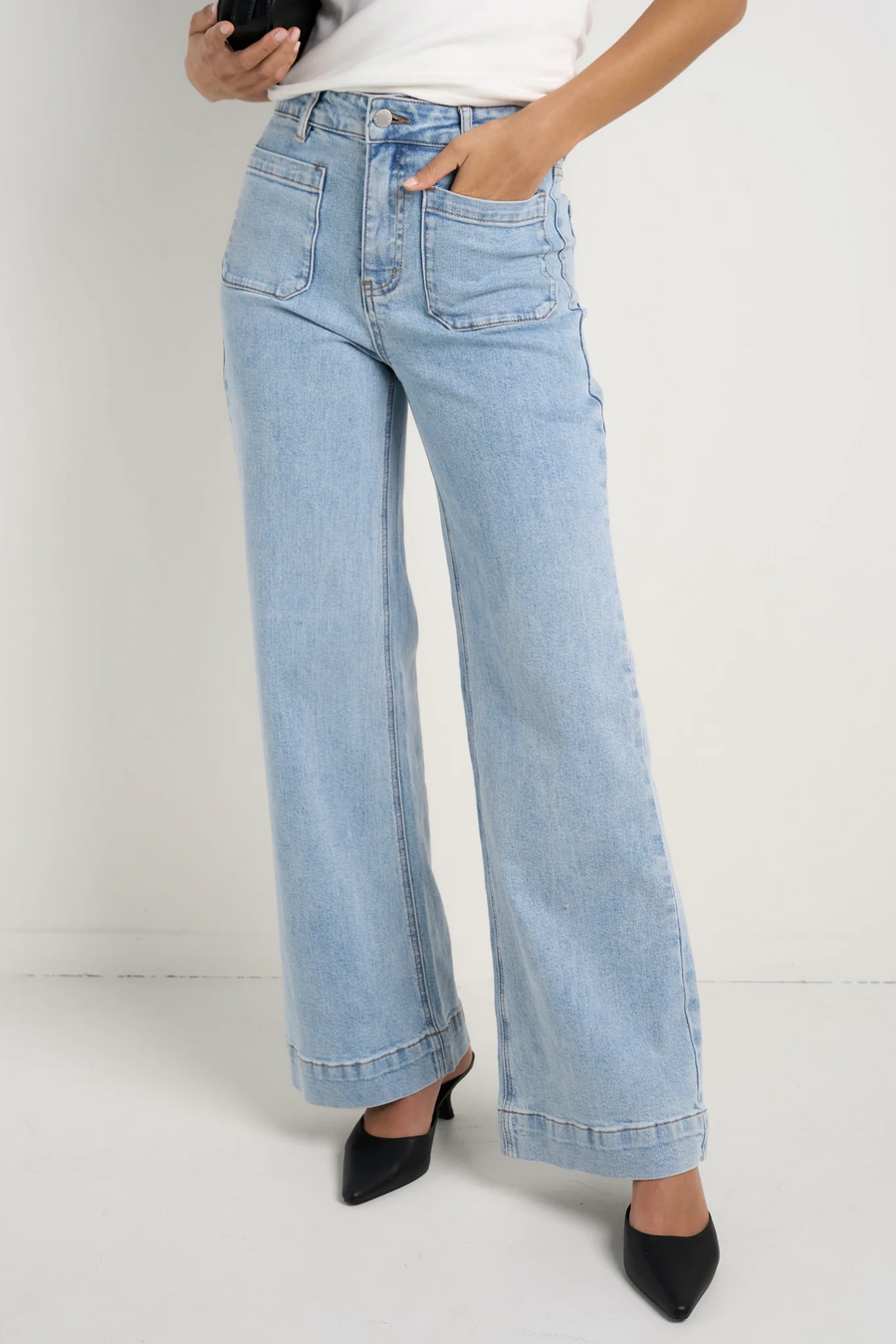 Among The Brave  Zoey Light Blue High Rise Wide Leg Pkt Jean - Light Blue