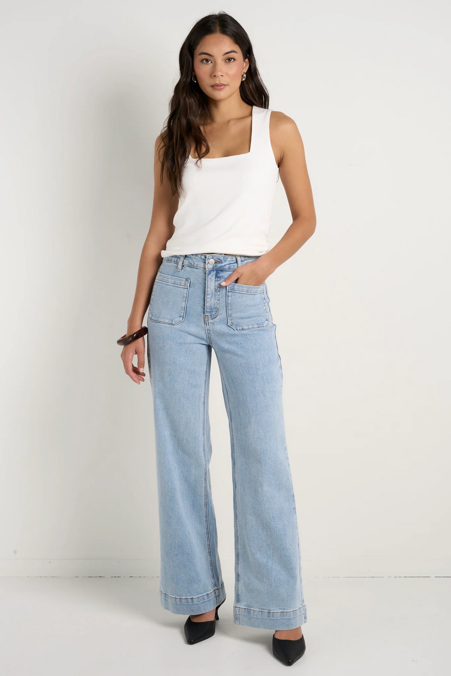 Among The Brave  Zoey Light Blue High Rise Wide Leg Pkt Jean - Light Blue