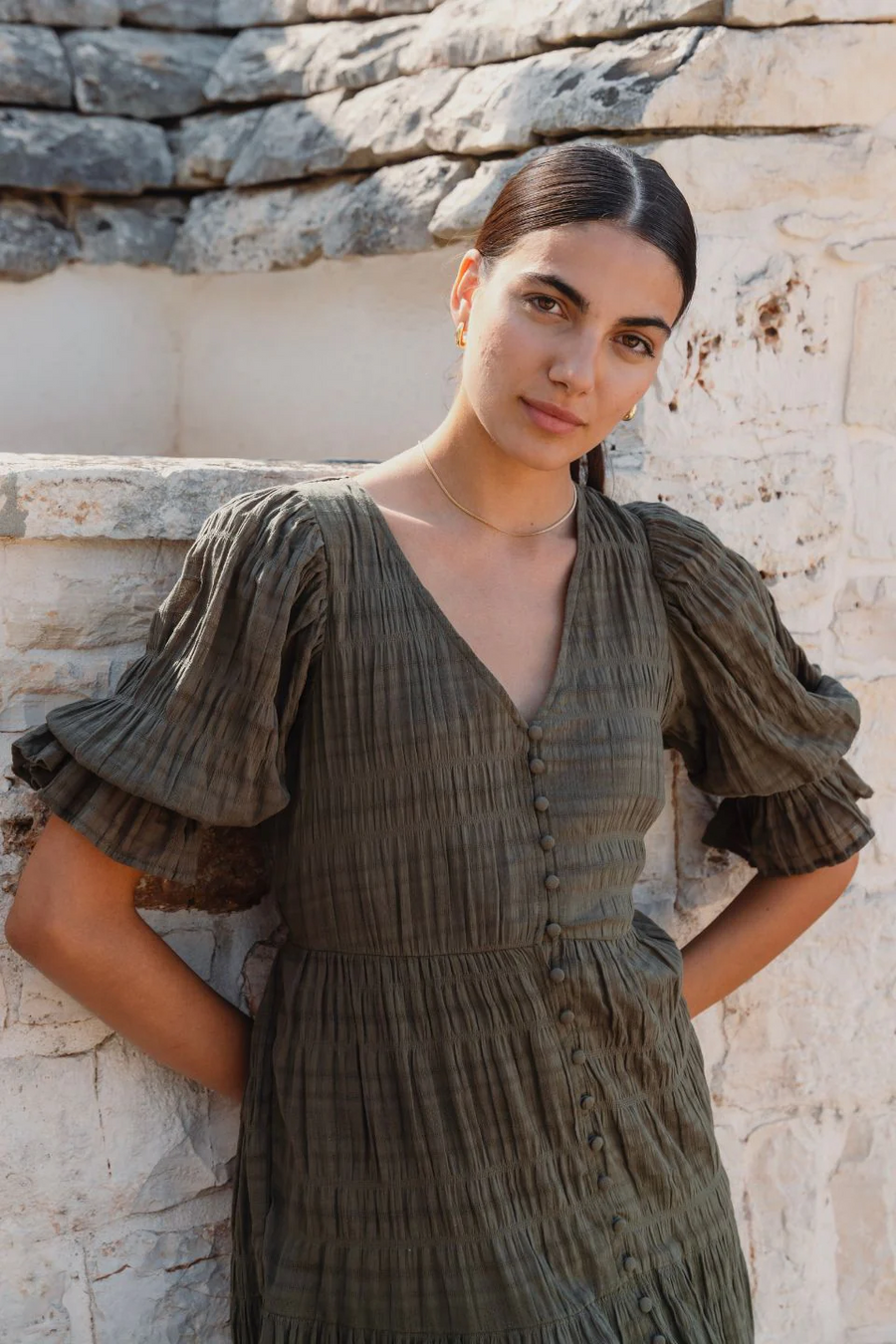 Flo & Frankie Dreamy Khaki Bubble SS Button Front  Tiered  Maxi Dress - Khaki