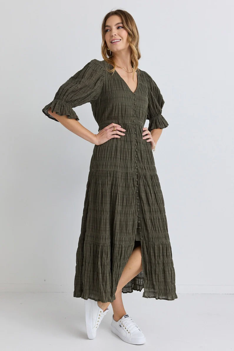 Flo & Frankie Dreamy Khaki Bubble SS Button Front  Tiered  Maxi Dress - Khaki