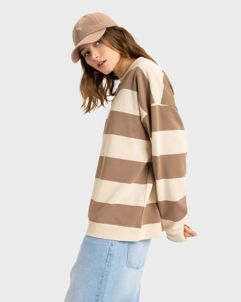 Roxy Strictly Stripes Oversized  Sweatshirt - Parchment Strictly Stripe / Brown